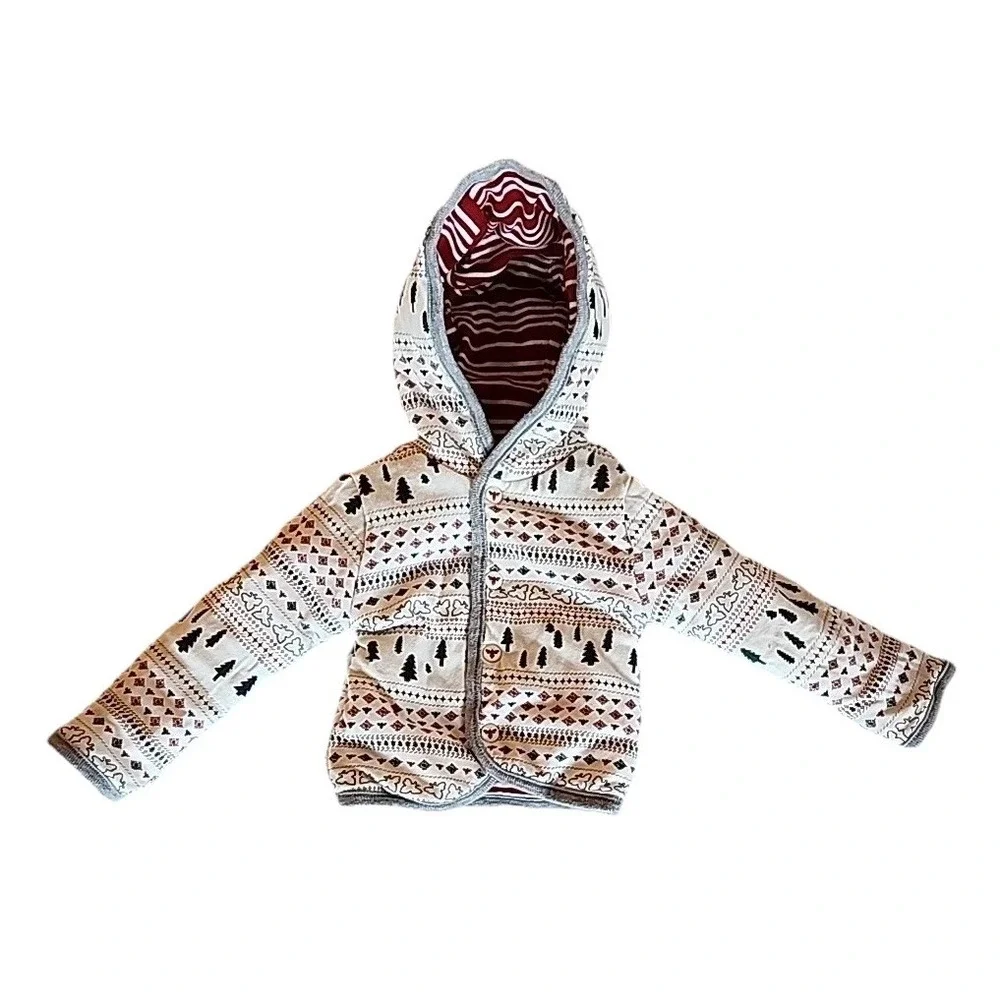 Burts Bees Reversible Hoodie Kids 3-6 Months Red Stripe Snap Winter Cozy Eco